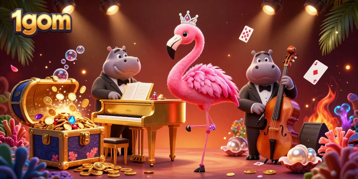 Experience the excitement of 1gom with vibrant casino-themed characters amidst sparkling treasures.