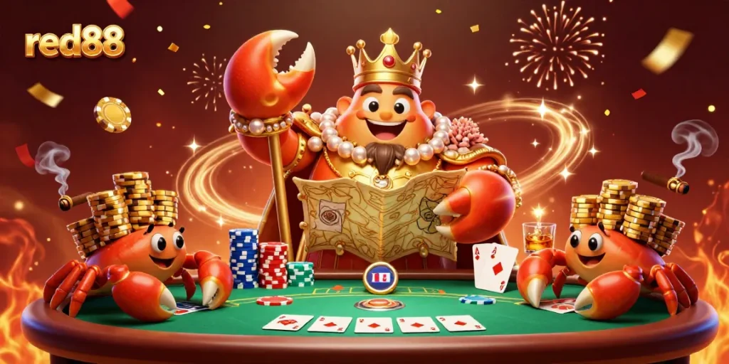 Experience the excitement of red88 with a golden crab emperor ruling a lively poker scene.