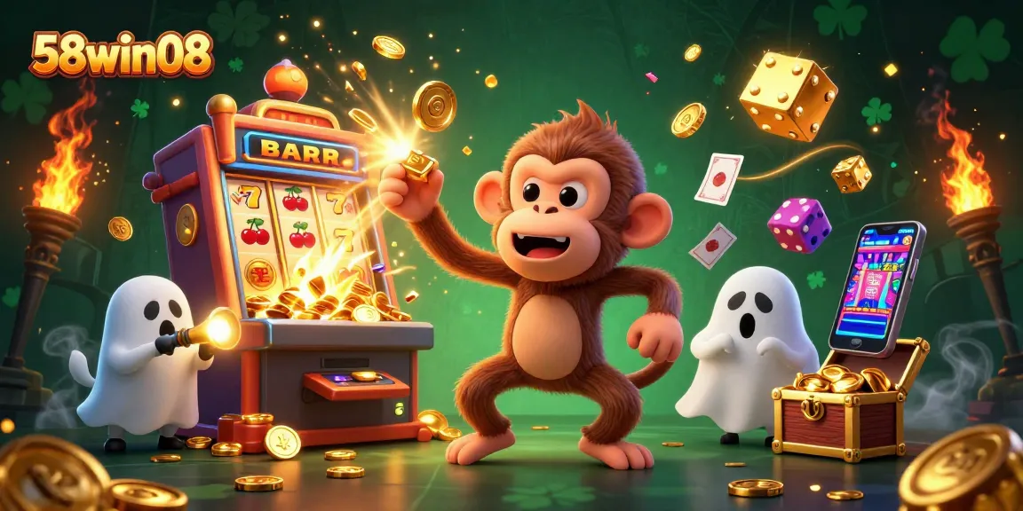 Capture thrilling moments in 58win08 with a mystical monkey juggler captivating a ghost-hunter pup.