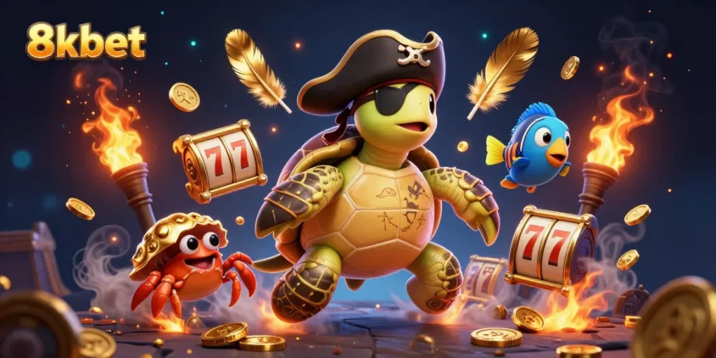 Experience the thrill of 8xbet with a pirate turtle and vibrant slot elements in a treasure scene.