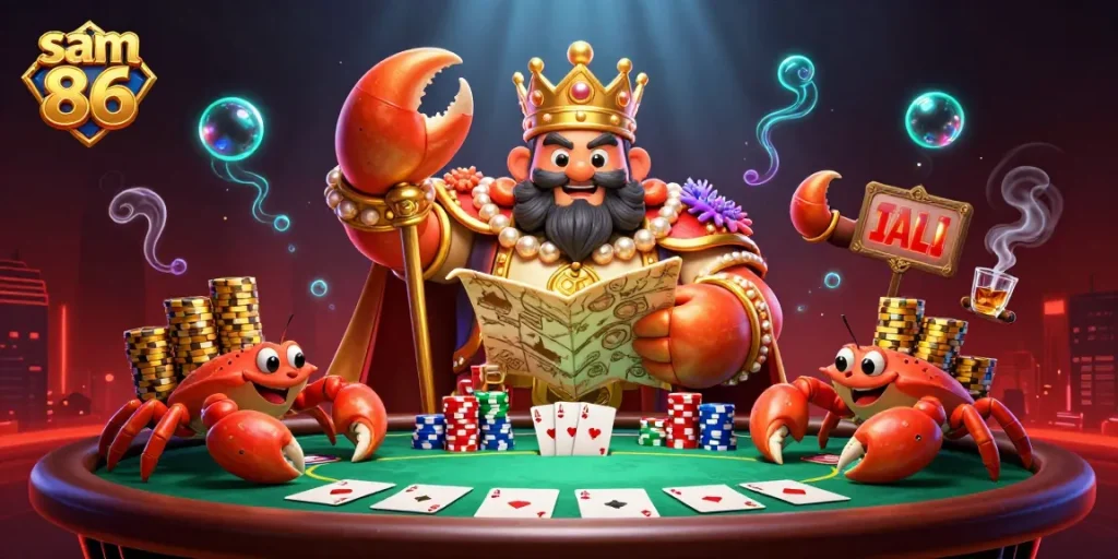 Compete for fortune at sam 86 with a golden crab emperor surrounded by vibrant casino elements.