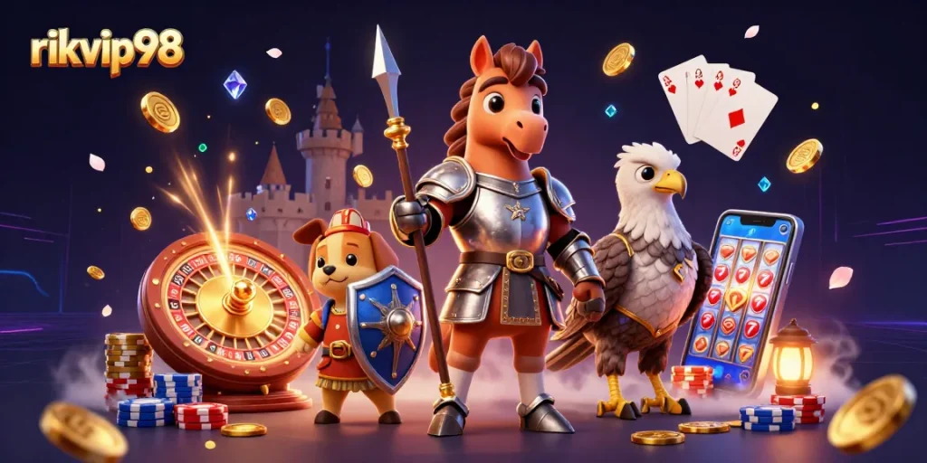 Experience excitement at rikvip98 with vibrant casino-themed 3D illustration filled with golden coins and gaming action.