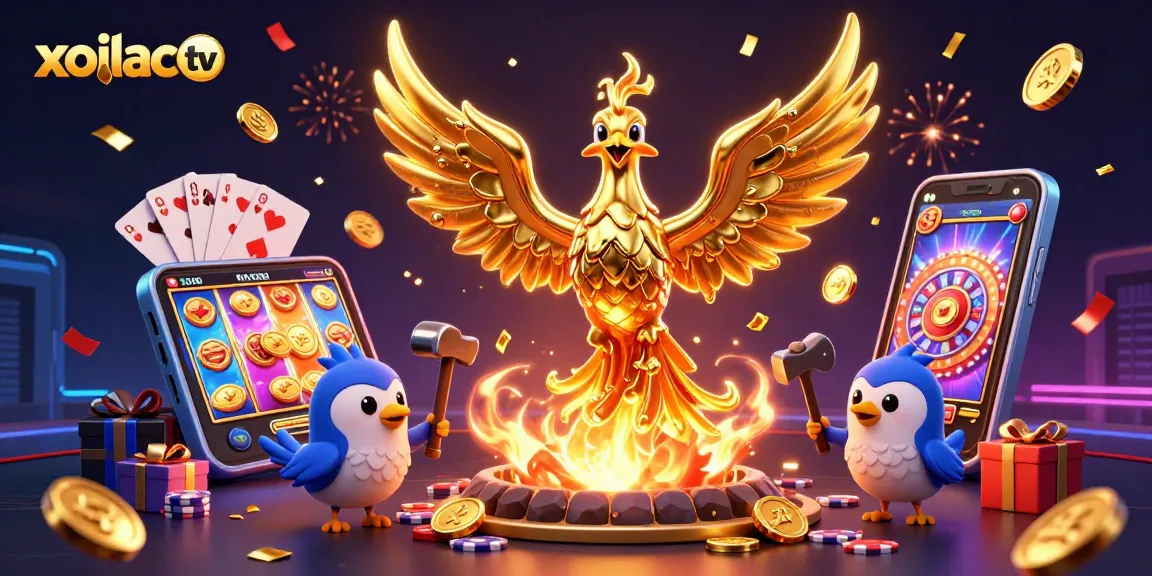 Xoilac TV offers vibrant streaming visuals with golden coins and captivating casino games in a dynamic scene
