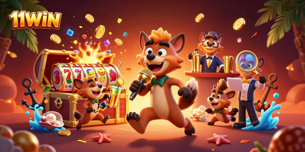 Engage with 11WIN's unique comedy casino scene featuring hyenas in a vibrant atmosphere.