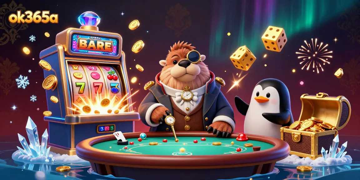 Engage in thrilling games at ok365a with a vibrant underwater casino illustration featuring a walrus, penguin dealer, and bluffing pufferfish.