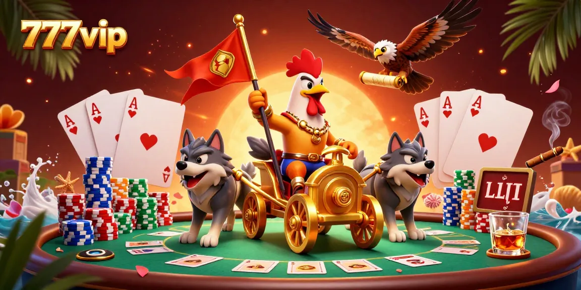 Engage with 777vip's thrilling casino atmosphere featuring a rooster warlord amid poker excitement.