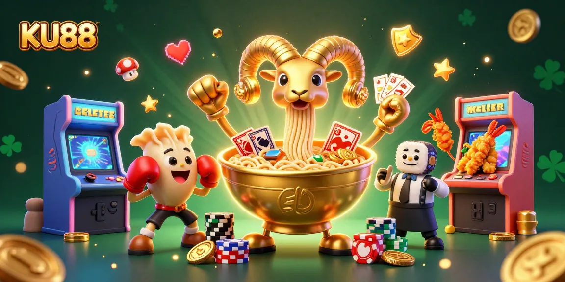 Experience excitement at KU88 with a vibrant casino scene featuring unique characters and gaming elements.