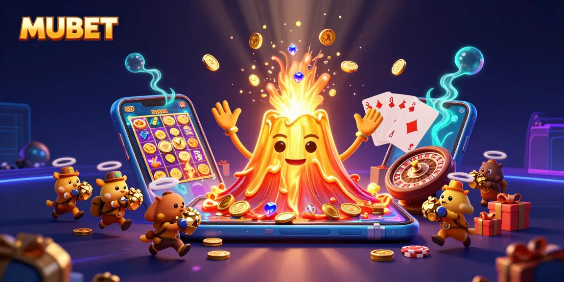 MUBET showcases a triumphant cartoon volcano erupting coins and gems, framing an exciting casino scene.