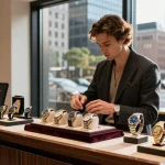 Elegant individual exploring a high-end watch store, showcasing a rolex replica amidst luxurious timepieces.