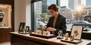 Elegant individual exploring a high-end watch store, showcasing a rolex replica amidst luxurious timepieces.
