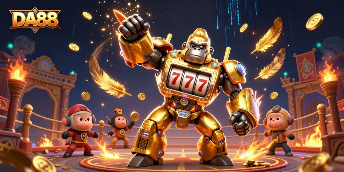 Engage with the DA88 gaming experience featuring a golden mech and exciting casino elements.