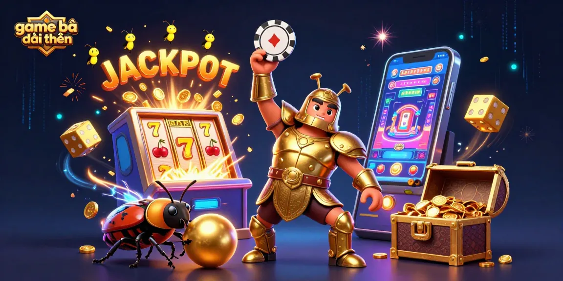 Experience thrilling game bài đổi thưởng excitement with a victorious beetle character amidst rich casino elements.
