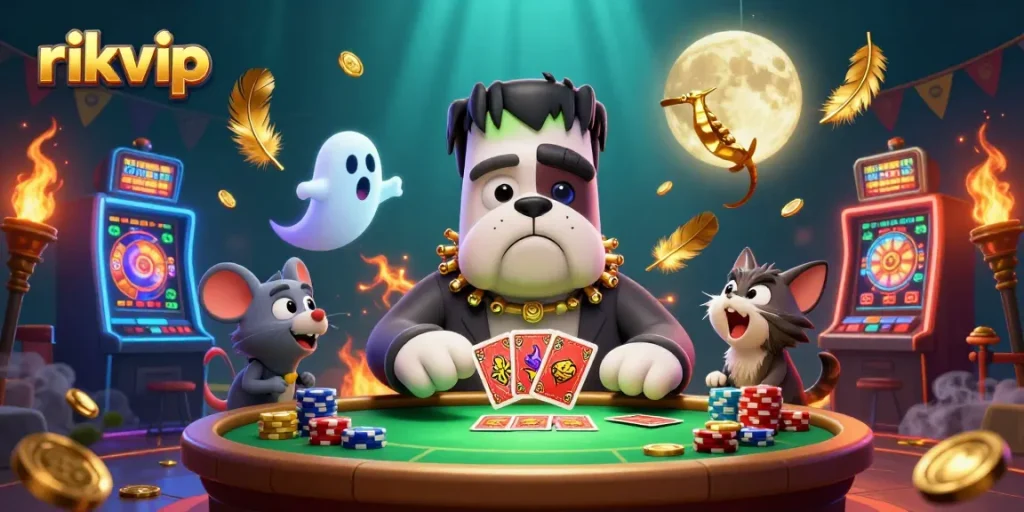 Experience thrilling card games at rikvip with a 3D cartoon scene featuring iconic characters.