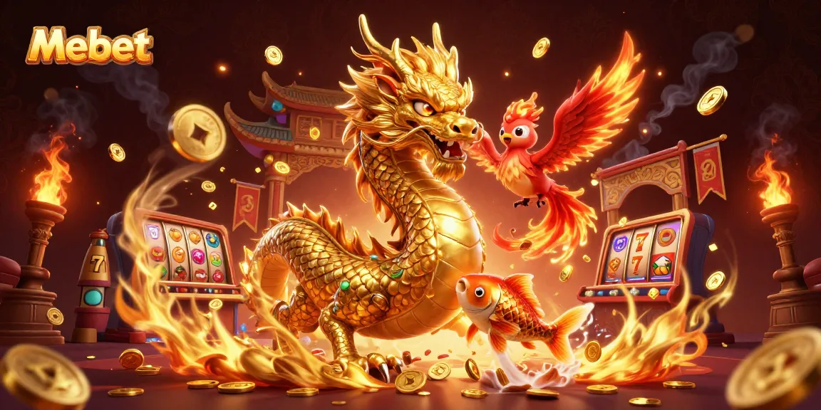 Bet on exciting slots with Mebet's dragon and phoenix in a vibrant casino scene.