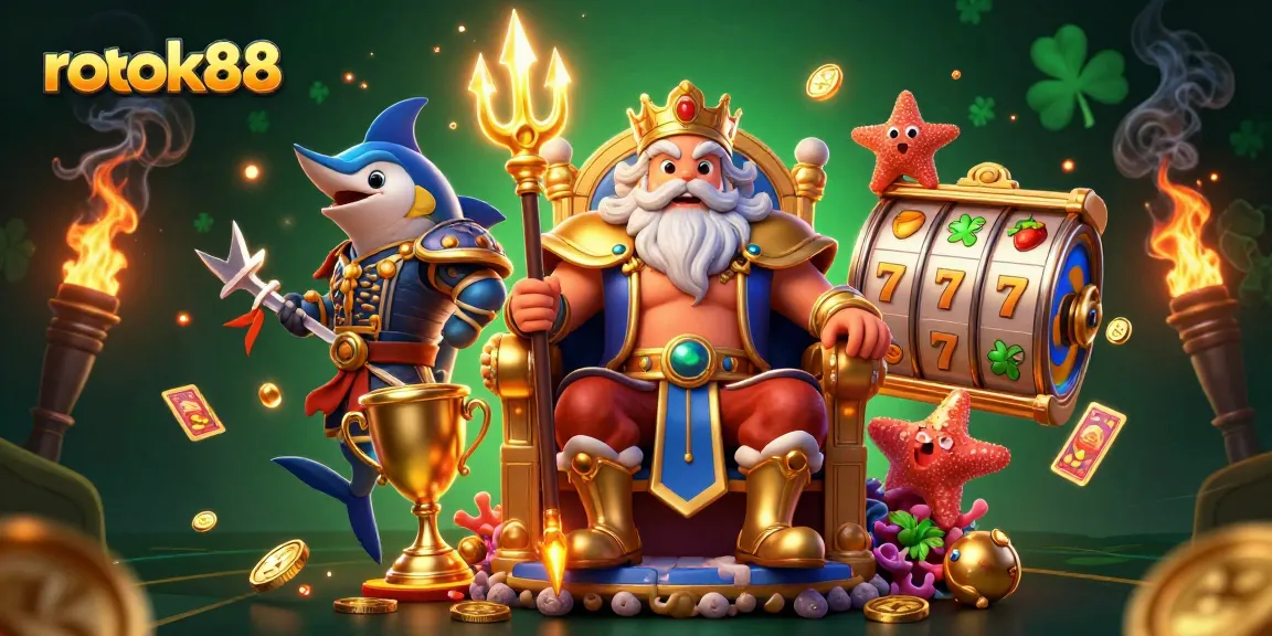 Engage in the excitement of rokok88 with a vibrant illustration of slot machines and sea king Neptune.