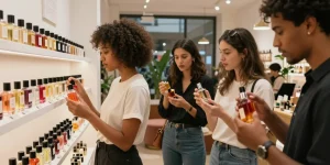 A diverse group exploring unisex perfumes in a trendy boutique, showcasing vibrant fragrance bottles and an inviting atmosphere.
