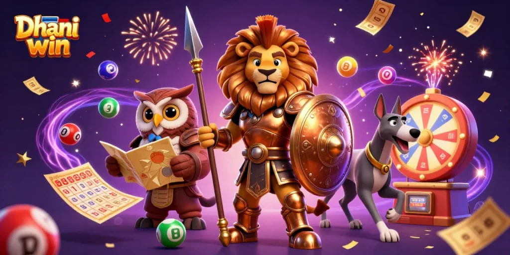 Dhani win lottery game illustration featuring a Spartan lion, an owl strategist, and a greyhound amidst vibrant game elements.