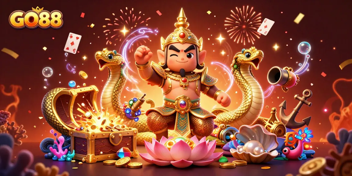 Engage with GO88's vibrant online gaming experience featuring a guardian and Naga in a treasure-filled scene.