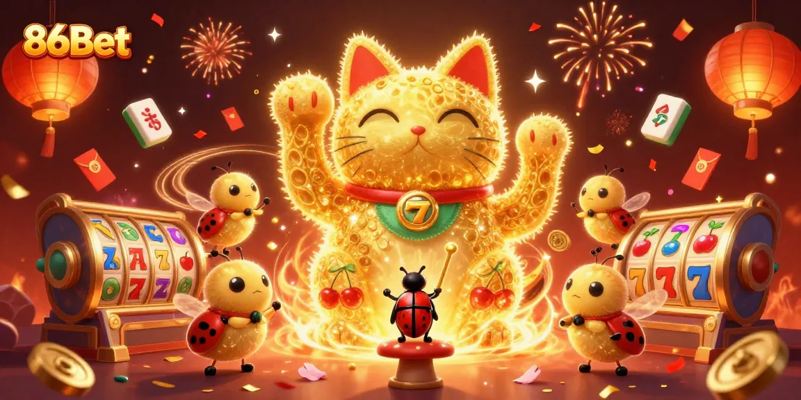 Experience the excitement of 86Bet's vibrant slots with a colorful lucky cat and festive elements.