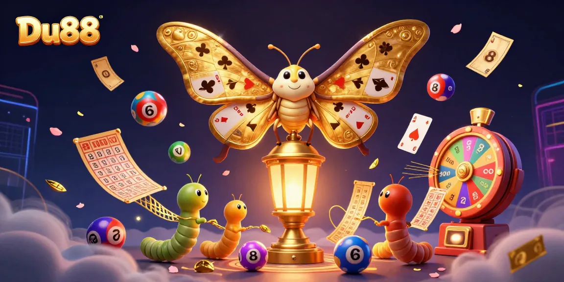 Spin to win with Du88: A captivating scene of colorful lottery items and a grand moth design.