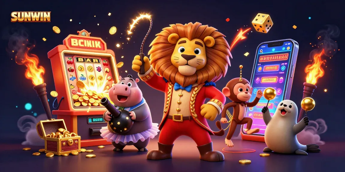 SUNWIN captures the excitement of online slots with vibrant characters and dazzling jackpot scenes in a captivating 3D illustration.