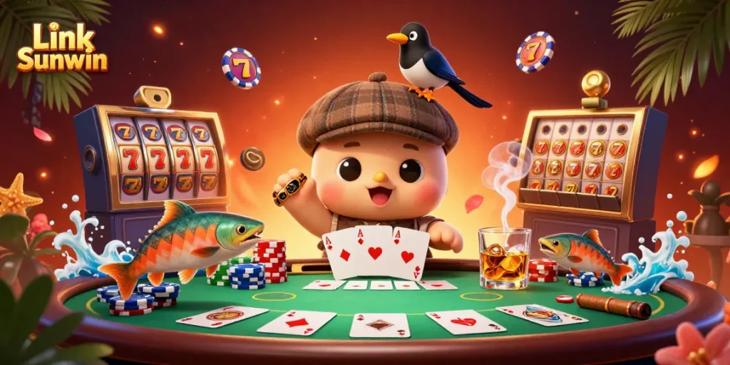 Experience thrilling gameplay with Link Sunwin in this dynamic casino scene featuring Nessie and friends.
