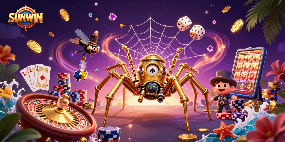 SUNWIN casino scene with a steampunk spider, cascading gems, and dynamic gaming elements.