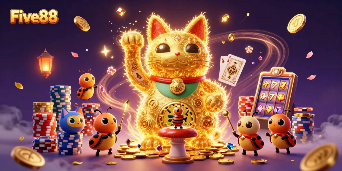 Experience Five88’s vibrant casino ambiance with a dynamic lucky cat and golden elements.