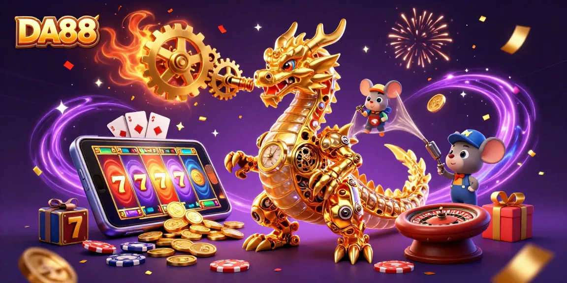 Experience DA88 with dazzling slot reels and a golden dragon in a vibrant casino scene