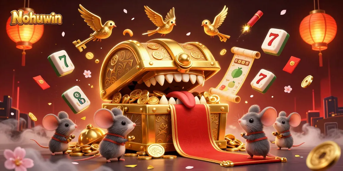 Nohuwin spins thrilling jackpots while a treasure chest lures adventurers amidst fireworks and rich elements.