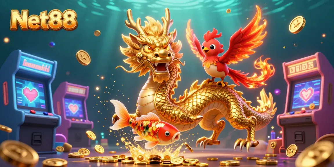 Experience thrilling gameplay at Net88 with a golden dragon, phoenix, and koi fish amidst arcade elements.