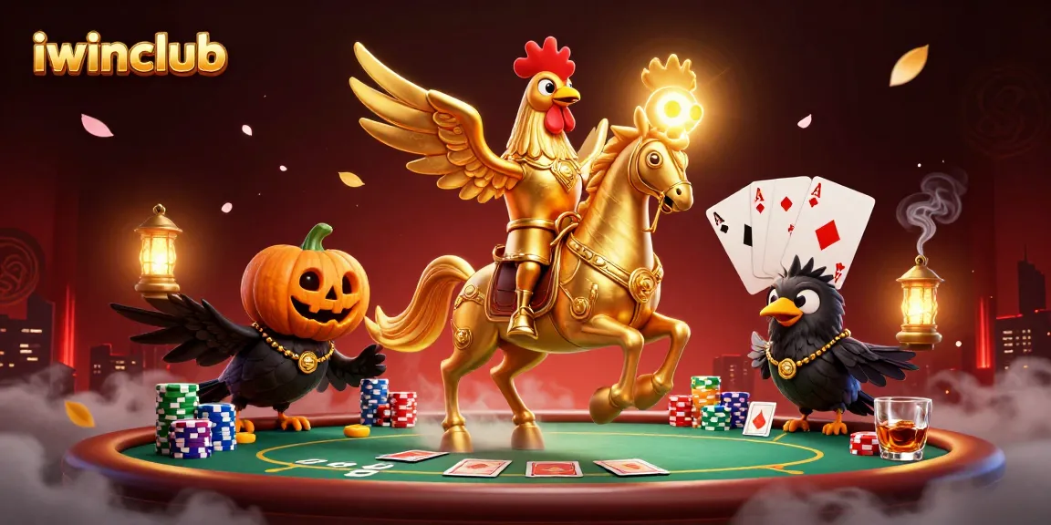 Experience the excitement of iwinclub with a dynamic casino scene featuring a golden rooster and poker elements.