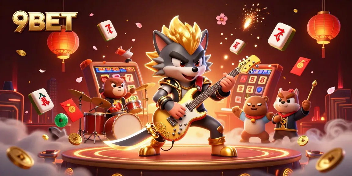 Experience thrilling gaming excitement with 9BET's vibrant casino illustration showcasing characters and elements.