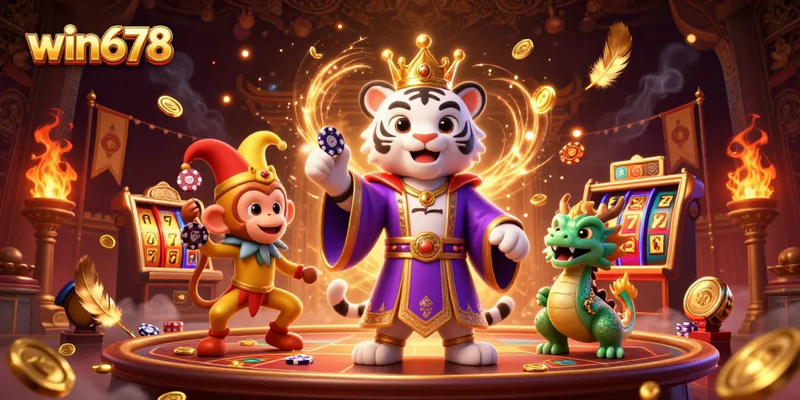 Win678 engaging scene with a white tiger, monkey, and dragon in a colorful casino setting.