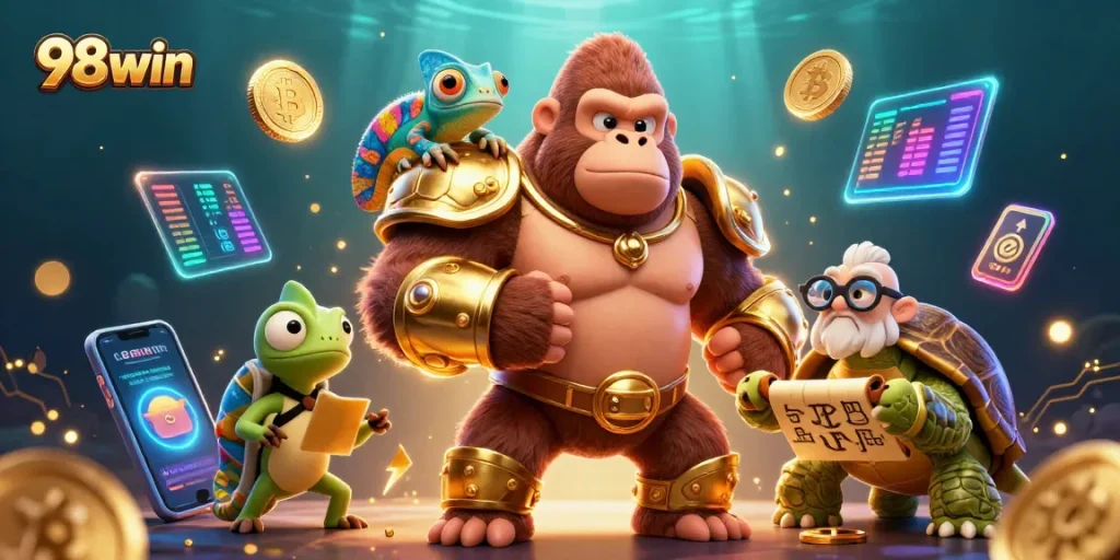 Experience thrilling games at 98win with a vibrant 3D illustration of a gorilla king, a chameleon spy, and a wise tortoise.