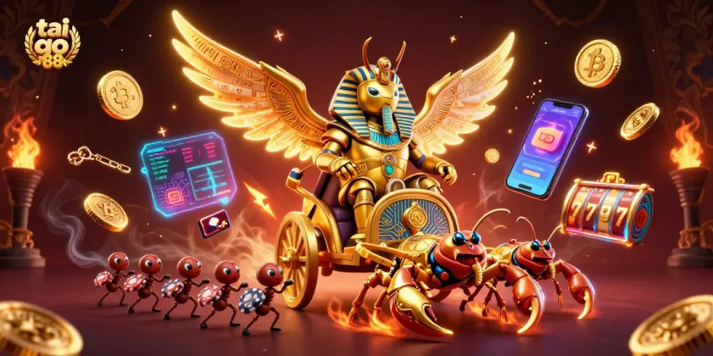 Experience gaming excitement with tai go 88 in a dynamic 3D casino scene featuring a golden scarab beetle.