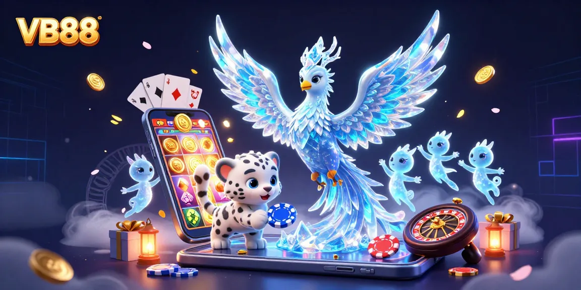 Betters immerse in VB88 casino action with a vibrant scene featuring an ice phoenix and animated game elements.