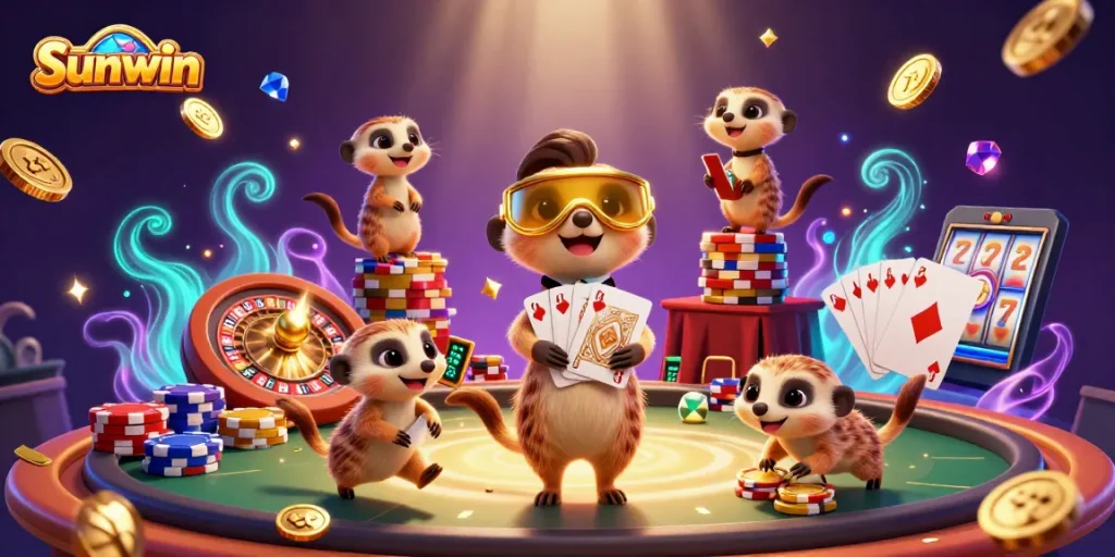 Get ready for fun at Sunwin's lively casino with meerkats dealing cards and flying chips.