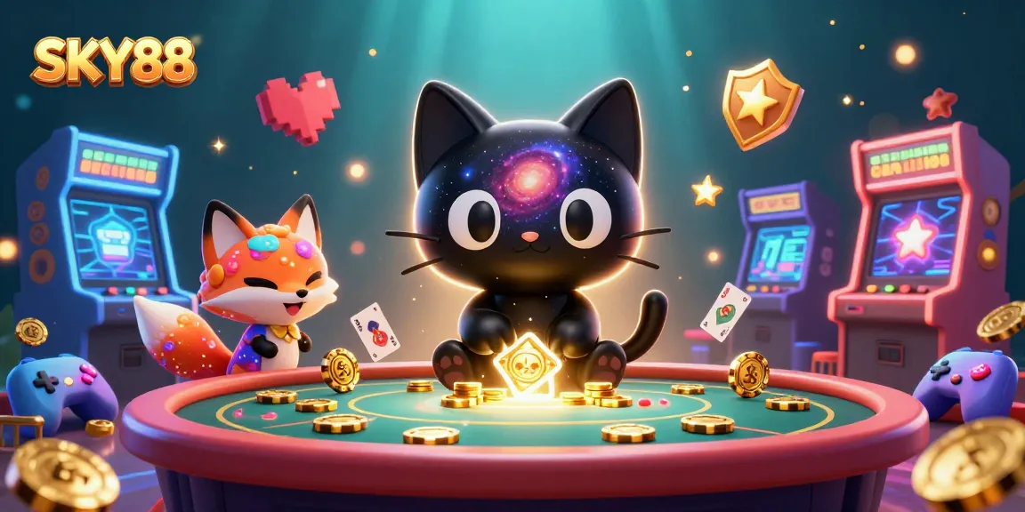 Engage in thrilling gameplay with SKY88 at a cosmic casino table, surrounded by vibrant gaming elements.