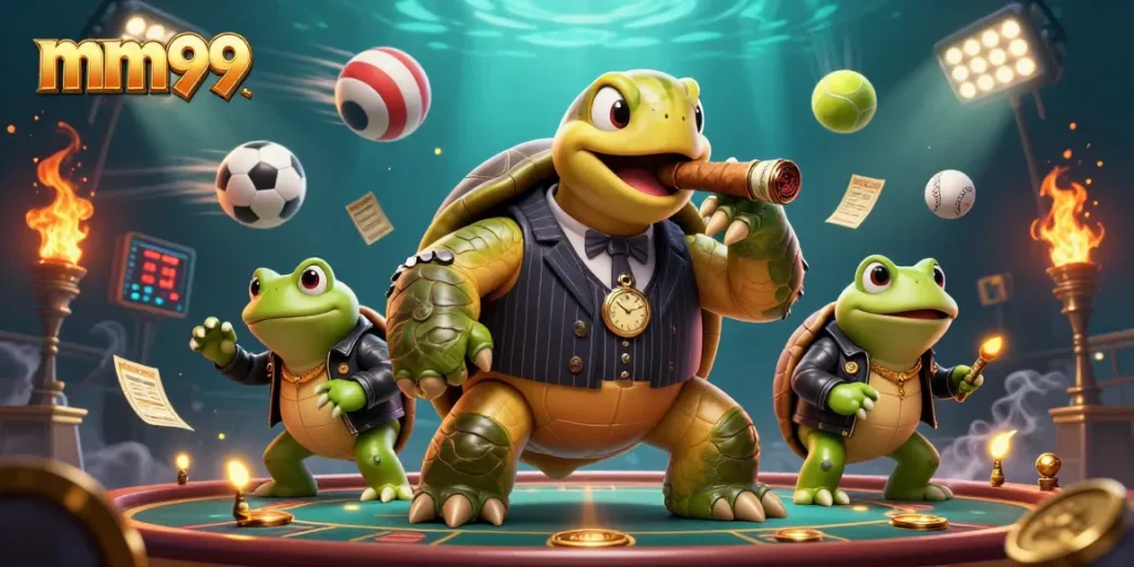Experience exciting games at mm99, with a dynamic casino scene featuring a cartoon snapping turtle and sports elements.