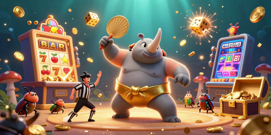 SUNWIN casino action scene showing a rhinoceros beetle stomping coins with a referee cricket and colorful slot machine explosion