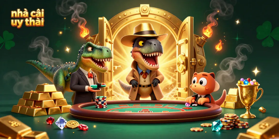 Experience thrilling action at nhà cái uy tín with a humorous 3D scene of dinosaurs amidst gambling elements.