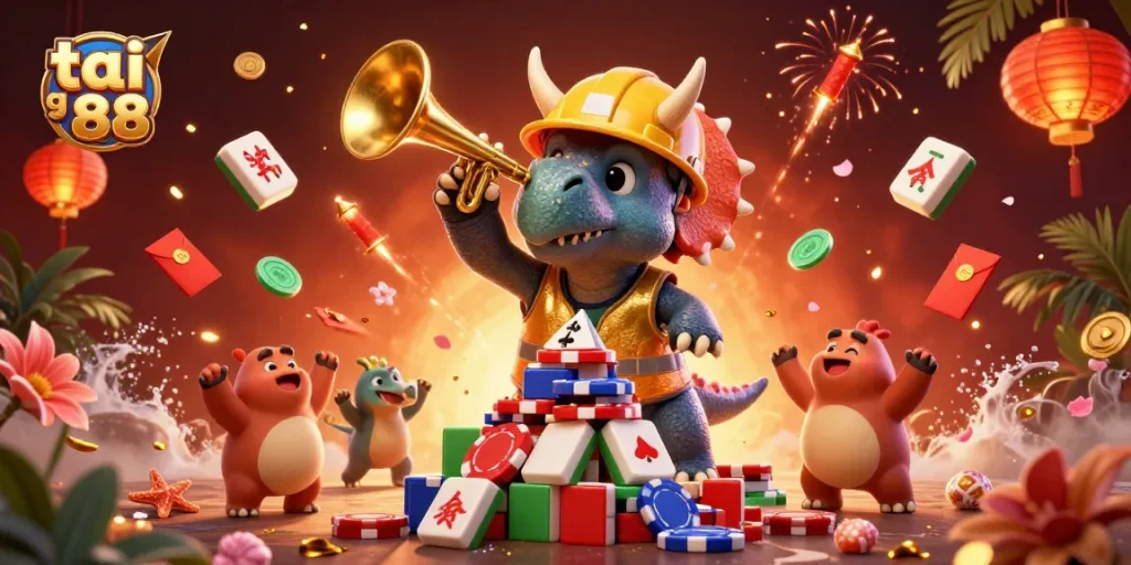 Join the excitement at tai go 88 as animated dinosaurs celebrate with poker chips and vibrant casino elements.
