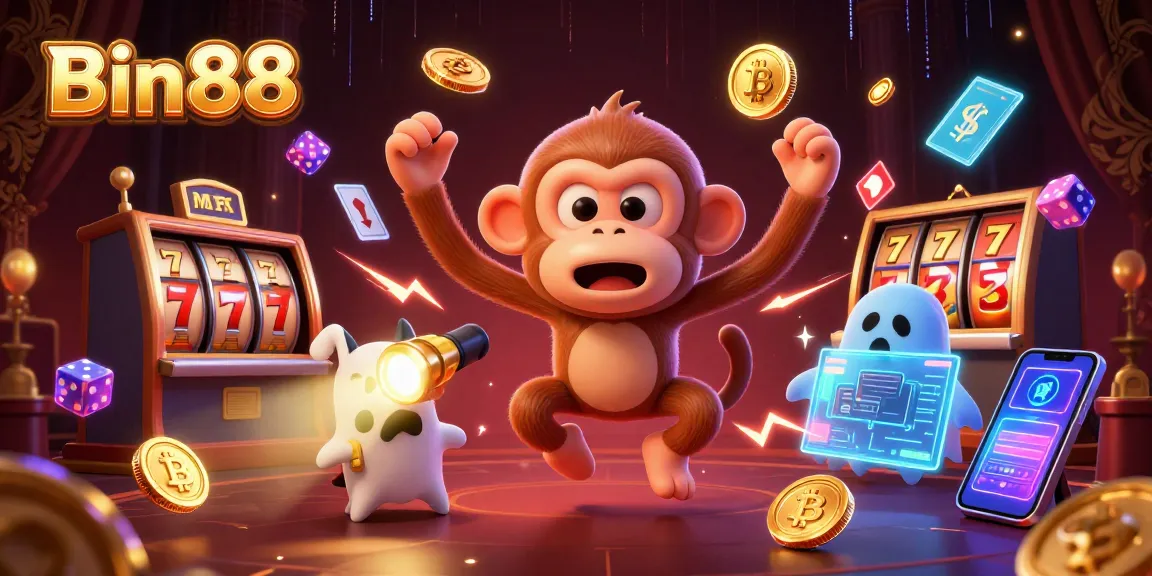 Bin88 juggles golden coins in a bustling haunted casino with slot reels and a ghost-hunter puppy.