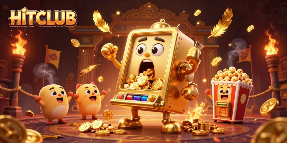 HITCLUB showcases a vibrant scene with a golden slot machine celebrating a jackpot, surrounded by colorful casino elements.