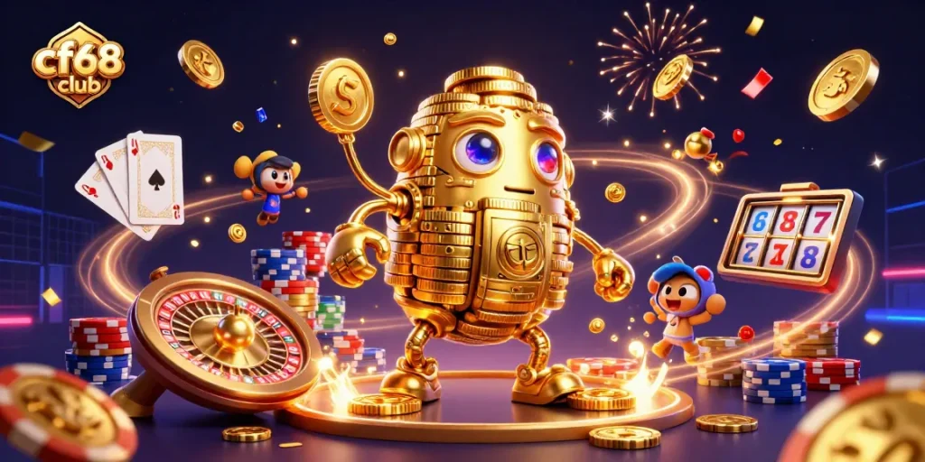 Experience the excitement of cf68 club with golden golem amidst dynamic casino visuals.