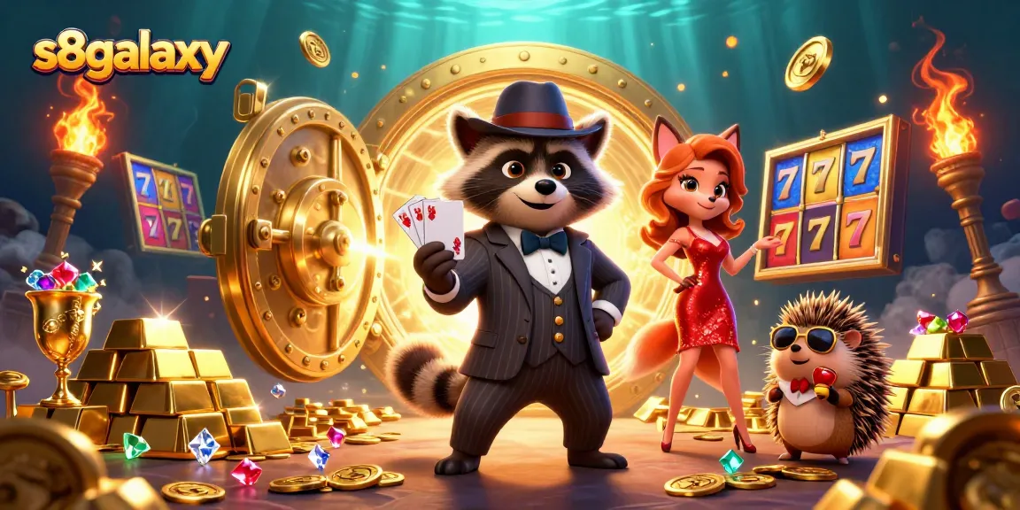 S8galaxy's engaging 3D casino scene showcases vibrant slot machines, a suave raccoon, and a glamorous fox lady