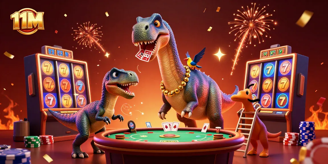 Engage with thrilling casino action in the 11M illustration featuring vibrant characters and dynamic slot gaming elements.