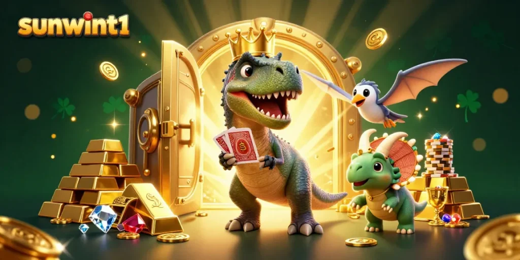 Engage in thrilling games with sunwint1 as a T-Rex shuffles cards while stacking golden chips!