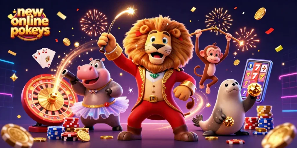 Experience the excitement of new online pokies with animated characters and dynamic casino elements.